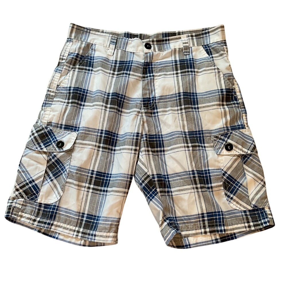 Blue‎ Gear Mens Plaid Cargo Shorts Blue White Grey Size 32 Cotton Blend Casual